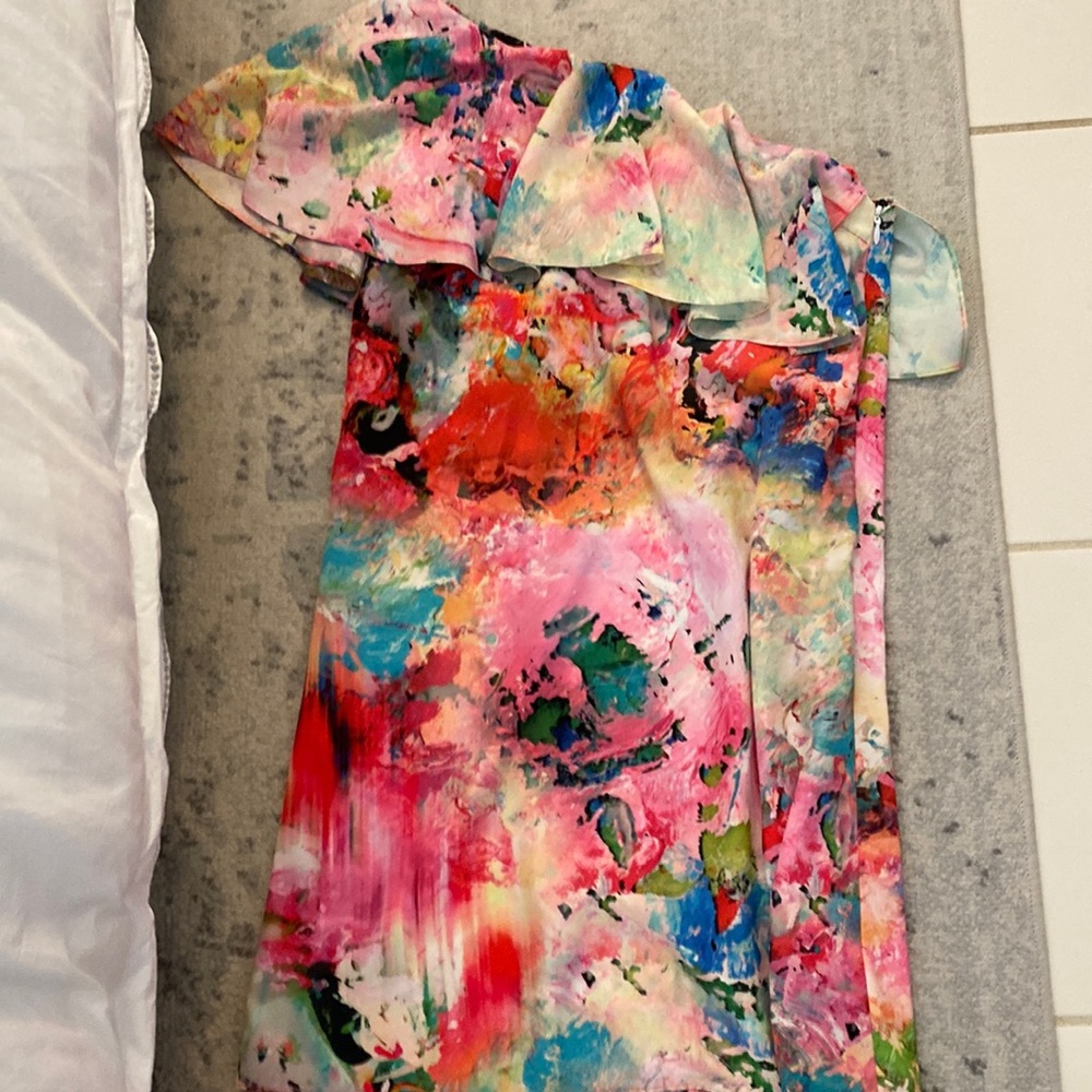 Bright patterned one shoulder dress